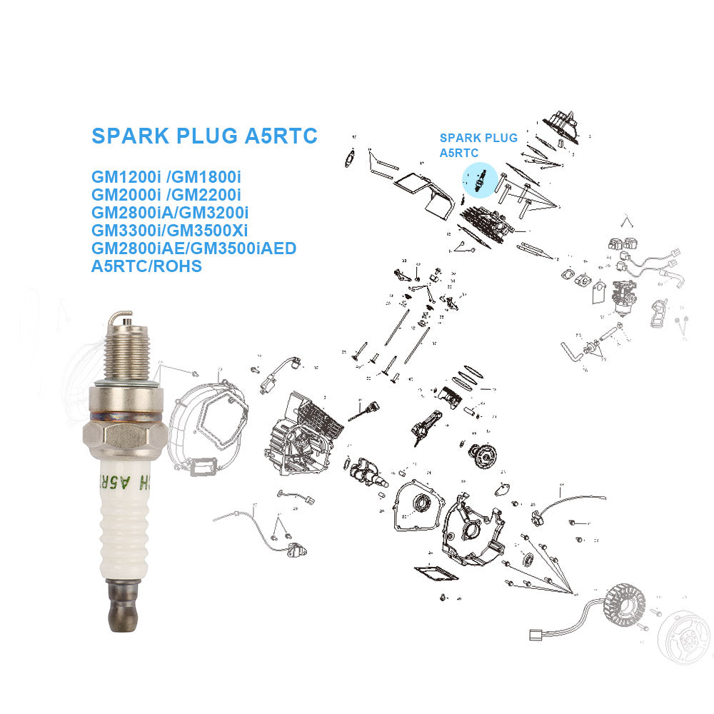 TORCH/A5RTC SPARK PLUG Replace for 79CC 98CC 145CC 4-Strock OHV GENMAX Engine Generators GM1200i GM2000i GM2200i GM2800iAE GM3200i GM3300i GM3500iAED GM3500iAD GM3500Xi&nbsp; MXR3500 MXR3500S&nbsp; &amp; Other Small Engines (Pack of 1)&nbsp;