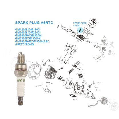 TORCH/A5RTC SPARK PLUG Replace for 79CC 98CC 145CC 4-Strock OHV GENMAX Engine Generators GM1200i GM2000i GM2200i GM2800iAE GM3200i GM3300i GM3500iAED GM3500iAD GM3500Xi&nbsp; MXR3500 MXR3500S&nbsp; &amp; Other Small Engines (Pack of 1)&nbsp;
